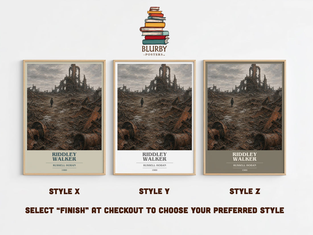 Riddley Walker book cover print in frame leaning in hallway – dystopian wall art (mockup)