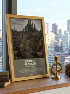Riddley Walker Bookish Wall Art by Russell Hoban – framed print on a city-view windowsill