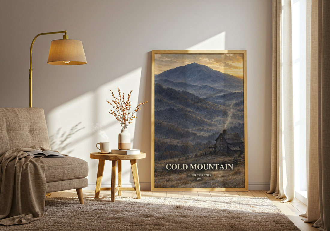 Cold Mountain watercolour print in frame leaning in hallway – historical fiction wall art