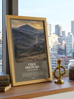 Cold Mountain Bookish Wall Art by Charles Frazier – framed print on a city-view windowsill