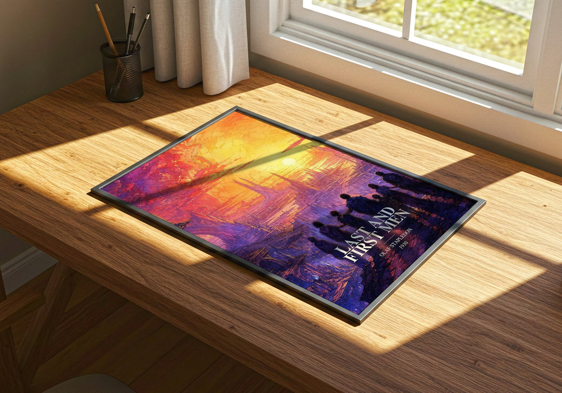 Last And First Men watercolour book poster framed on wall – sci fi wall art