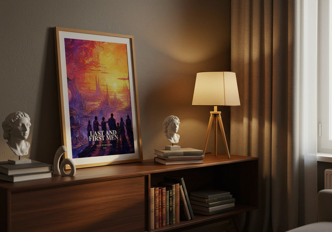 Last And First Men watercolour print on bookshelf – Olaf Stapledon fan gift
