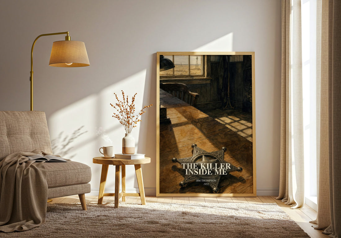 The Killer Inside Me watercolour print in frame leaning in hallway – crime wall art
