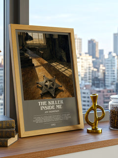 The Killer Inside Me Bookish Wall Art by Jim Thompson – framed print on a city-view windowsill