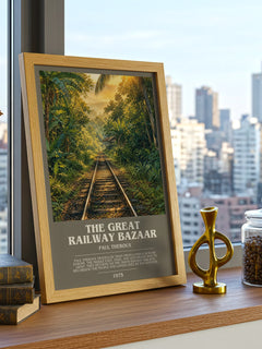 The Great Railway Bazaar Bookish Wall Art by Paul Theroux – framed print on a city-view windowsill