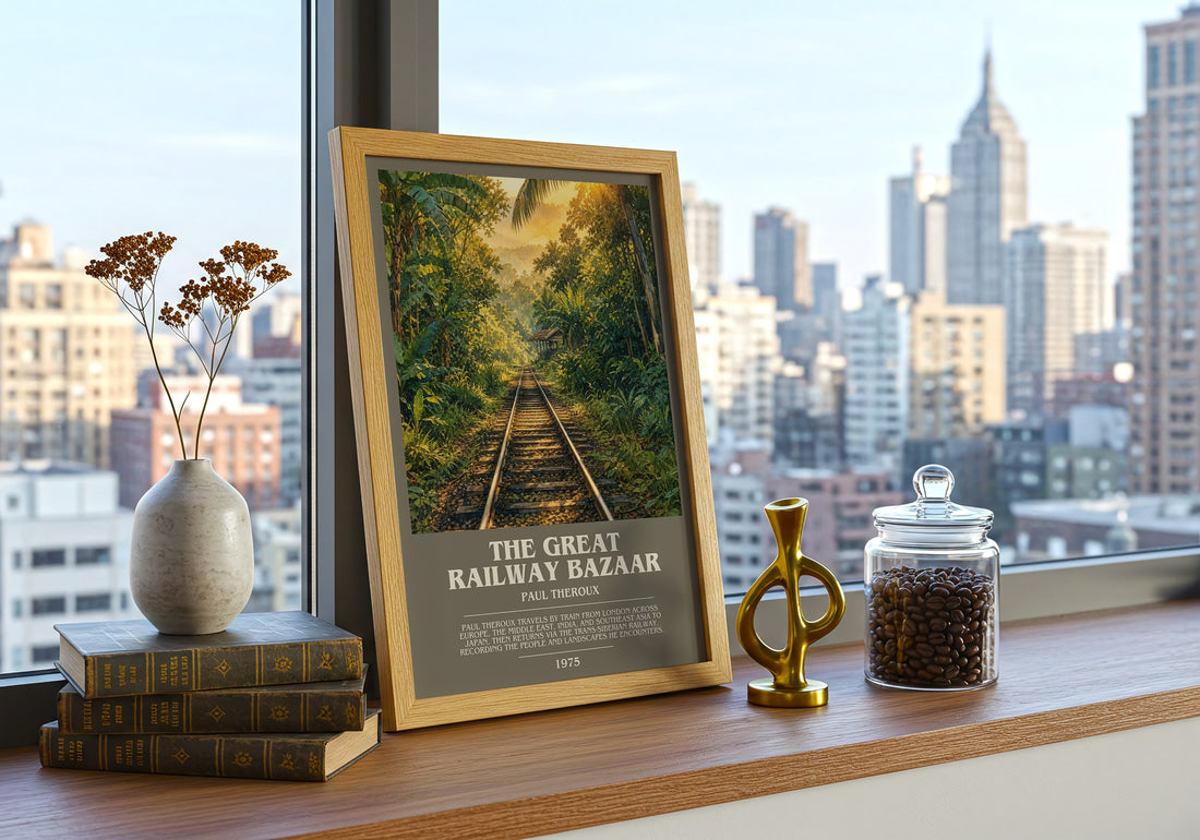 The Great Railway Bazaar Bookish Wall Art by Paul Theroux – framed print on a city-view windowsill