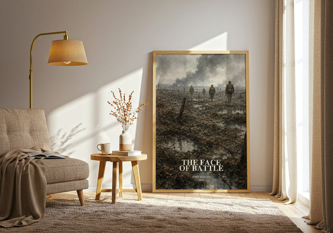 The Face of Battle watercolour print in frame leaning in hallway – non fiction wall art
