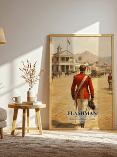 Flashman watercolour print in frame leaning in hallway – historical fiction wall art