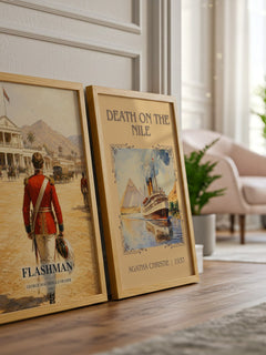 Flashman watercolour print framed by window – literary home decor