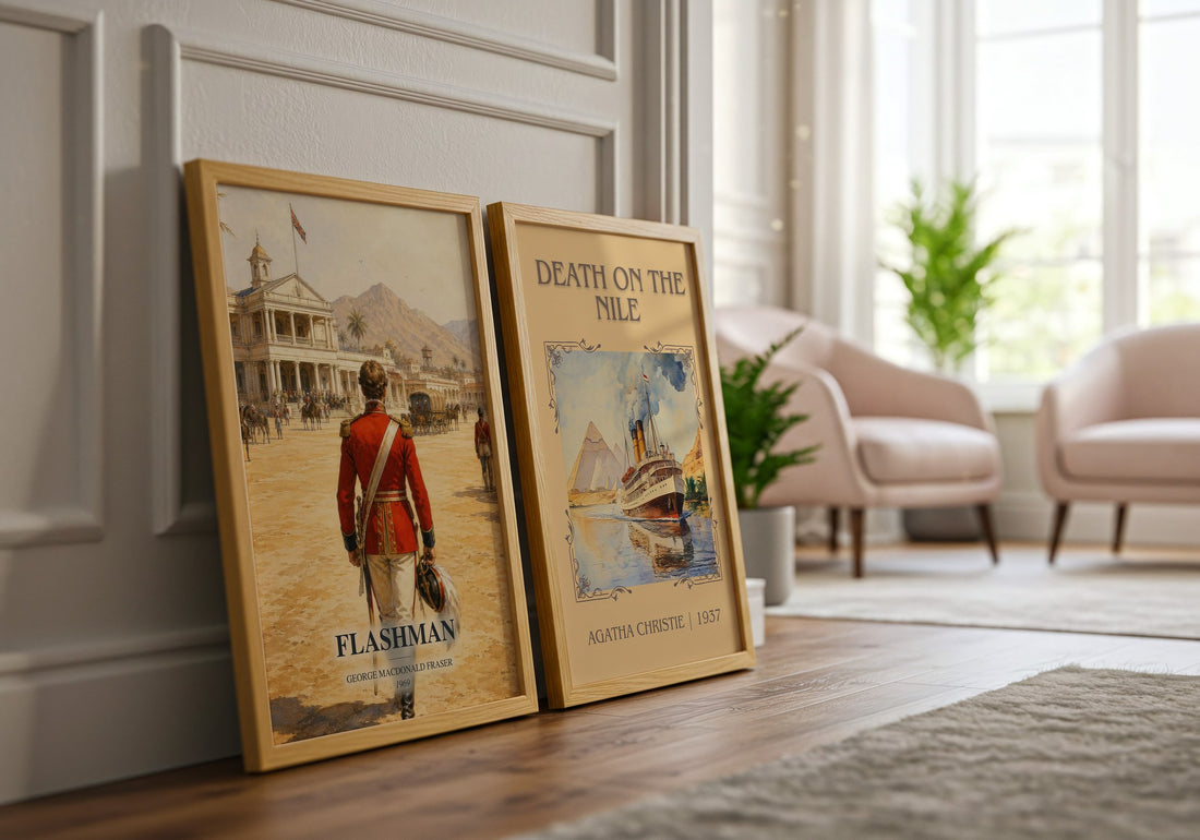 Flashman watercolour print framed by window – literary home decor