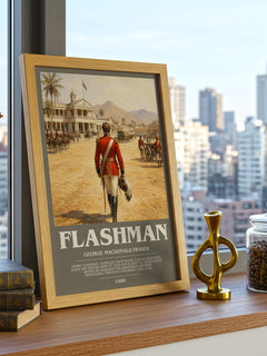 Flashman Bookish Wall Art by George MacDonald Fraser – framed print on a city-view windowsill