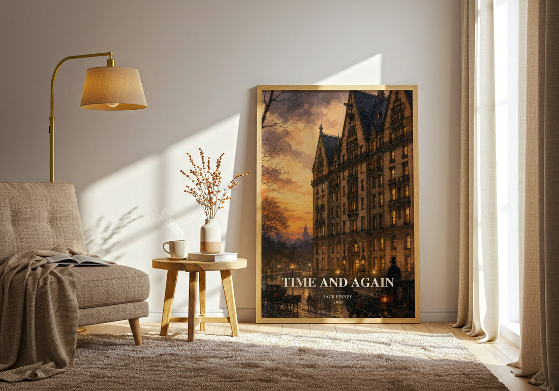 Time and Again watercolour print in frame leaning in hallway – historical fiction wall art