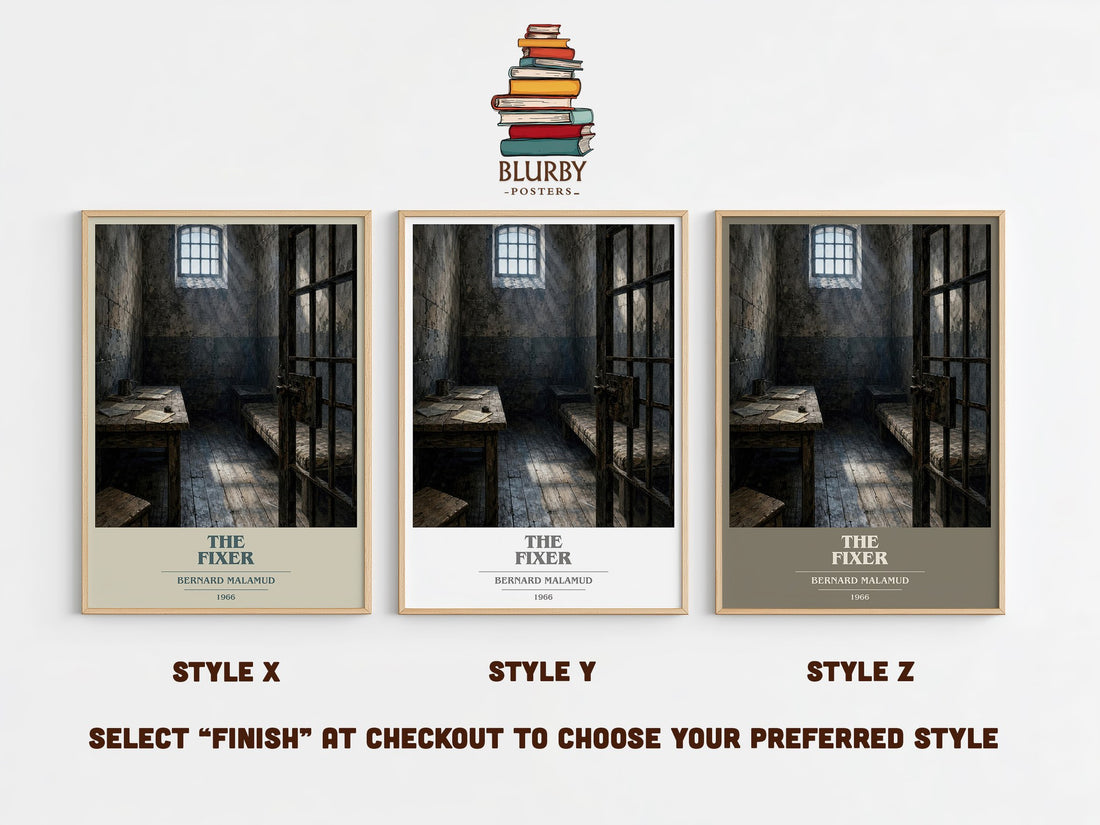 The Fixer book cover print in frame leaning in hallway – historical fiction wall art (mockup)