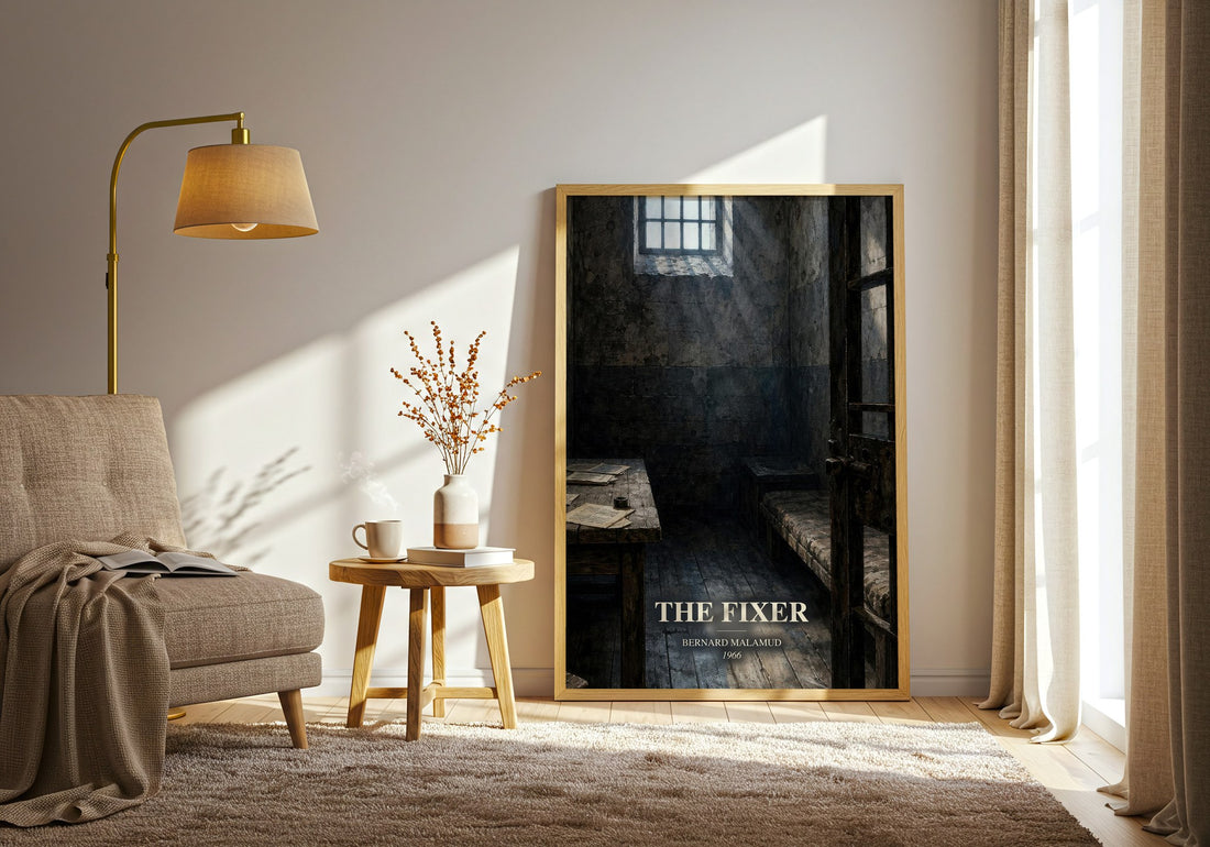 The Fixer watercolour print in frame leaning in hallway – historical fiction wall art