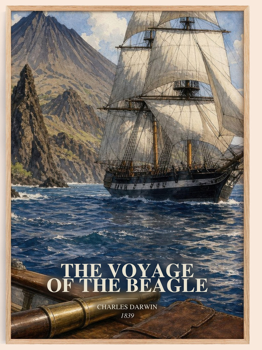 The Voyage of the Beagle watercolour book poster by Charles Darwin – framed literary art print