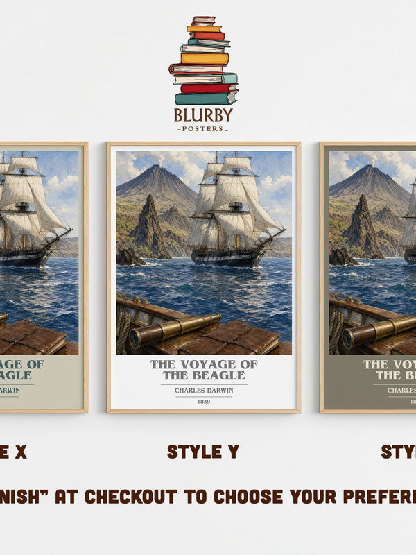The Voyage of the Beagle book cover print in frame leaning in hallway – non fiction wall art