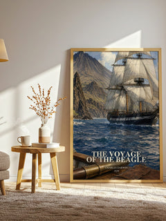 The Voyage of the Beagle watercolour print in frame leaning in hallway – non fiction wall art