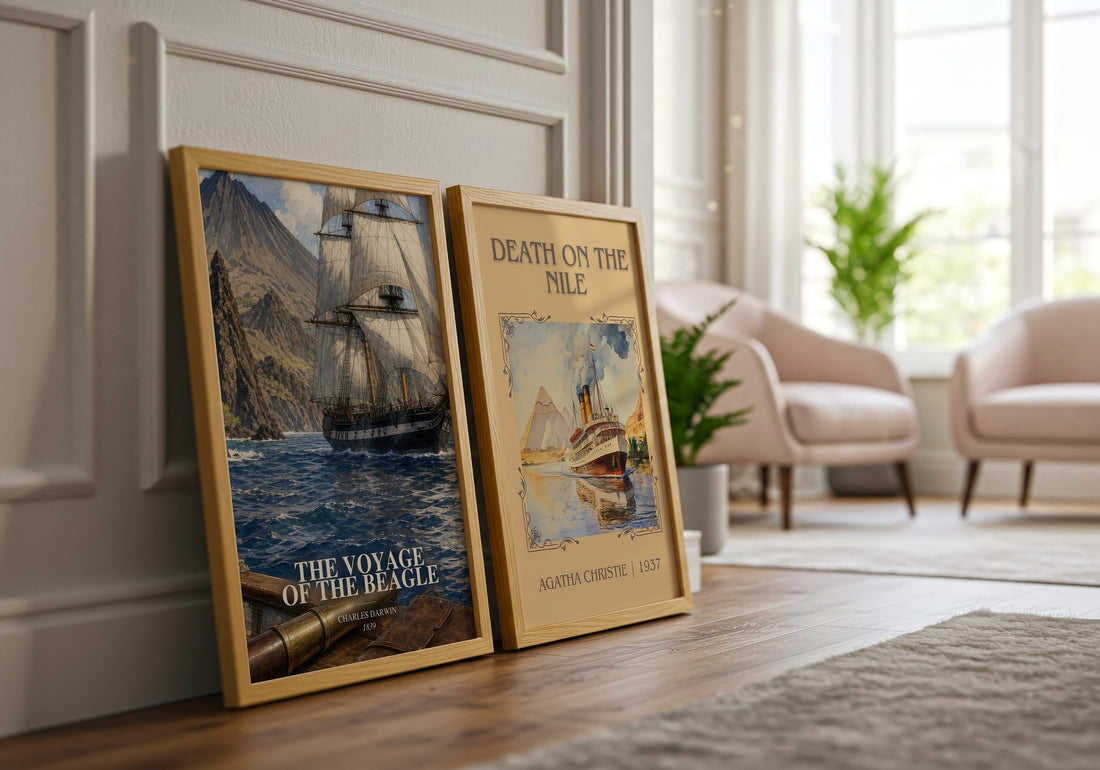 The Voyage of the Beagle watercolour print framed by window – literary home decor