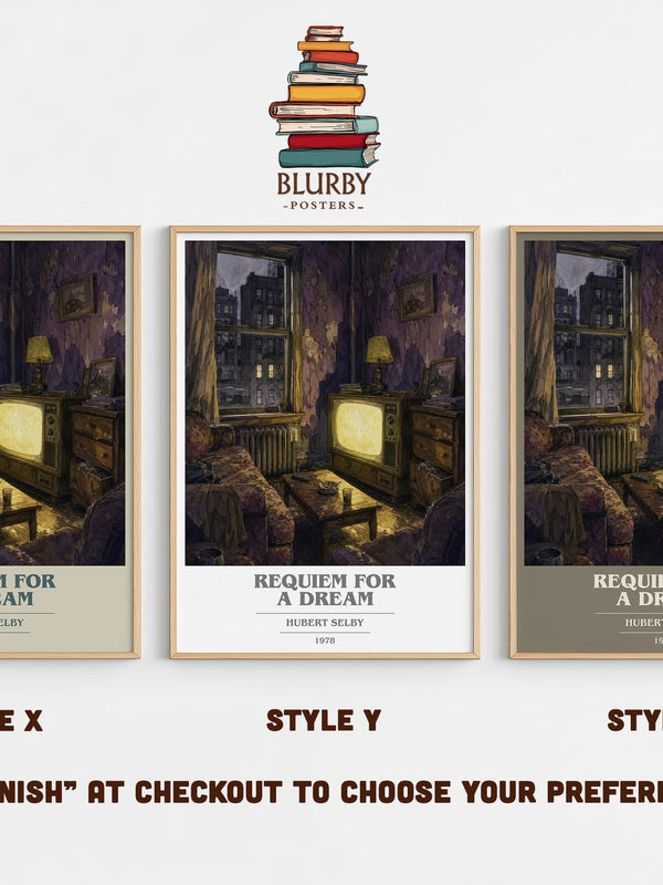 Requiem for a Dream book cover print in frame leaning in hallway – literary fiction wall art