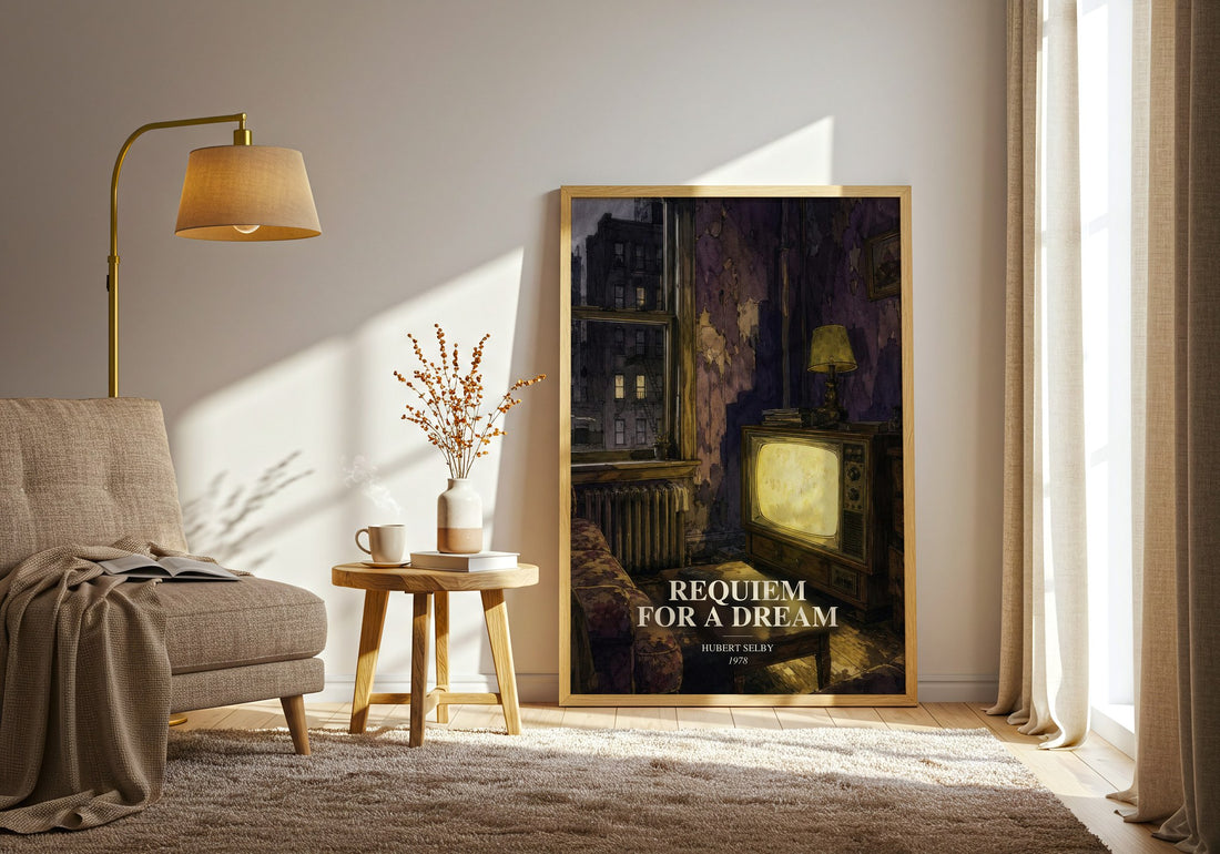 Requiem for a Dream watercolour print in frame leaning in hallway – literary fiction wall art