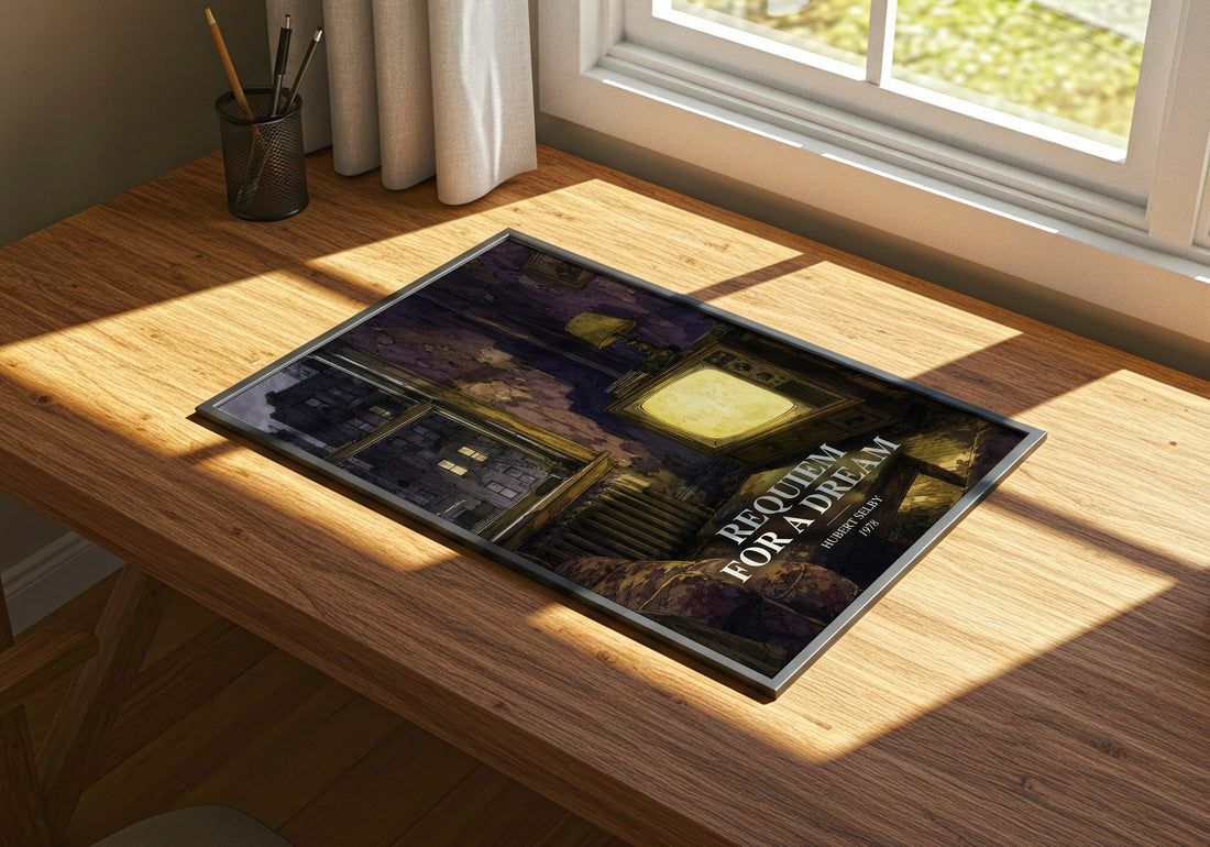 Requiem for a Dream watercolour book poster framed on wall – literary fiction wall art
