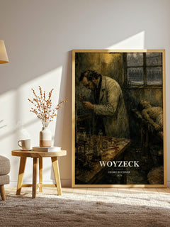 Woyzeck watercolour print in frame leaning in hallway – classic literature wall art