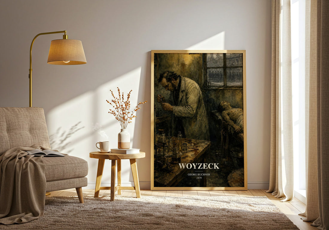 Woyzeck watercolour print in frame leaning in hallway – classic literature wall art