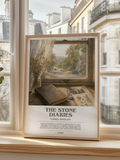 The Stone Diaries Bookish Wall Art by Carol Shields – framed print by a bright window