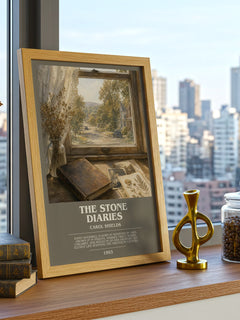 The Stone Diaries Bookish Wall Art by Carol Shields – framed print on a city-view windowsill