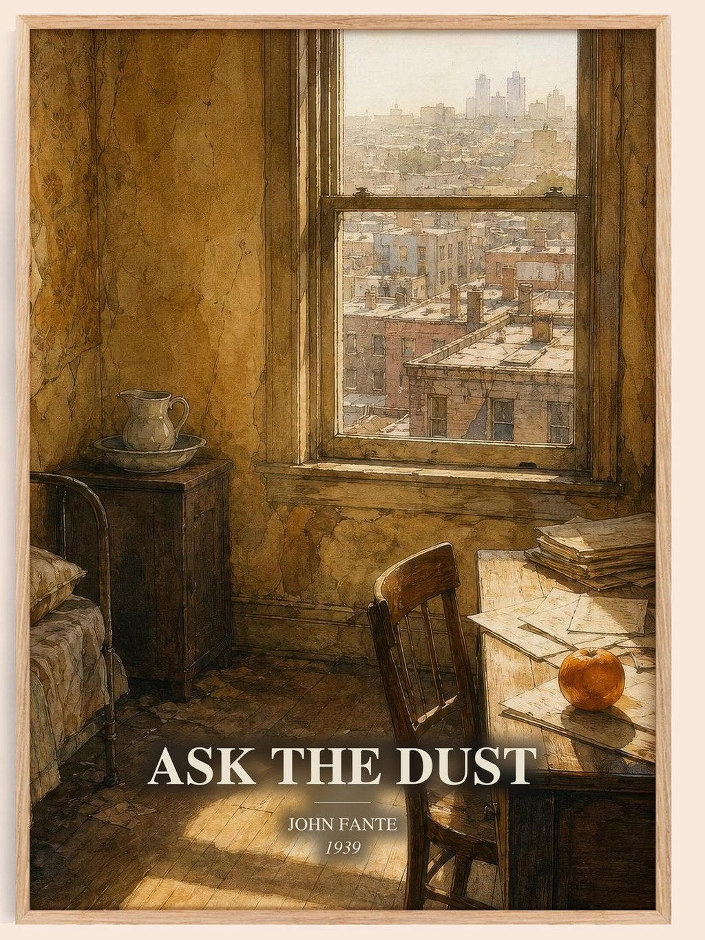 Ask The Dust watercolour book poster by John Fante – framed literary art print