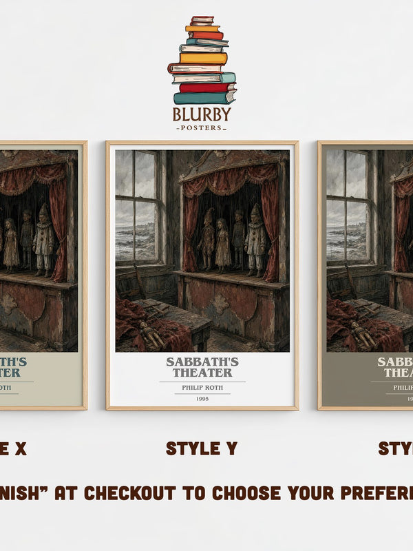 Sabbath's Theater book cover print in frame leaning in hallway – literary fiction wall art