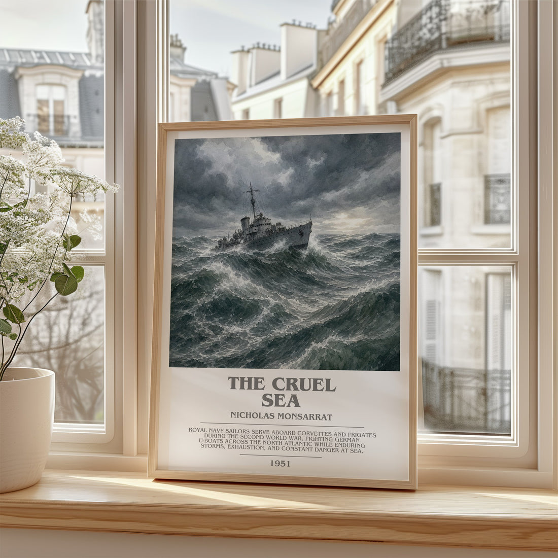 The Cruel Sea Bookish Wall Art by Nicholas Monsarrat – framed print by a bright window
