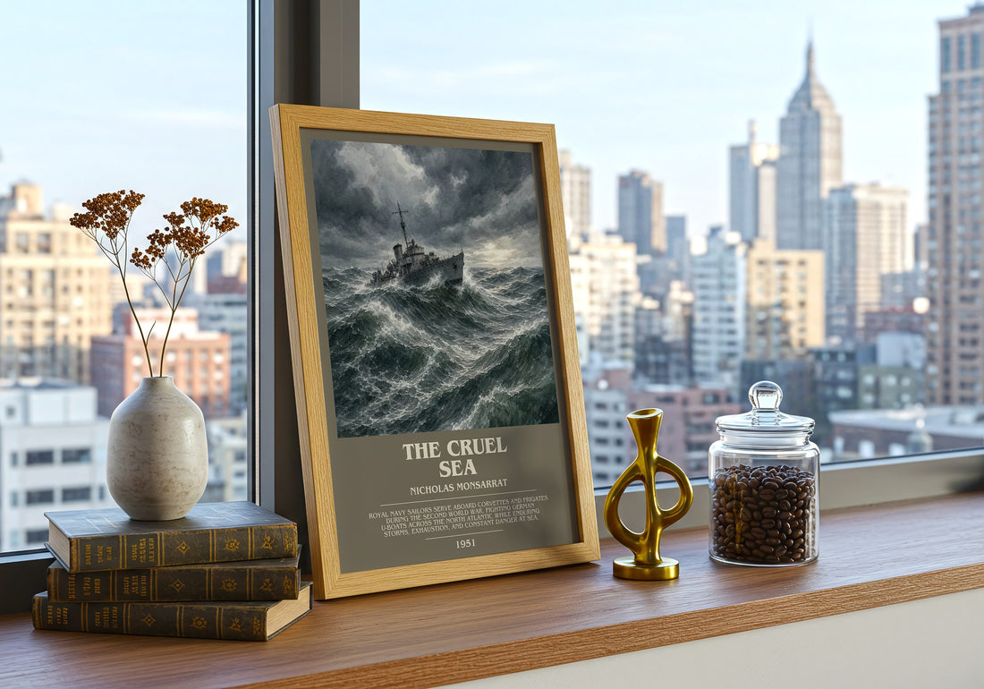 The Cruel Sea Bookish Wall Art by Nicholas Monsarrat – framed print on a city-view windowsill