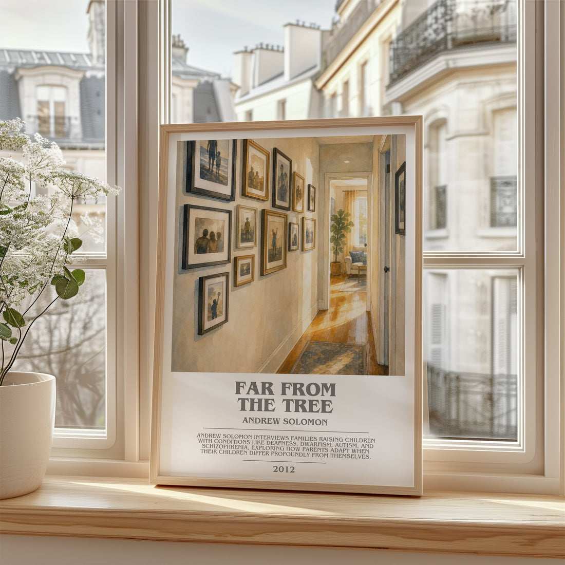 Far From the Tree Bookish Wall Art by Andrew Solomon – framed print by a bright window