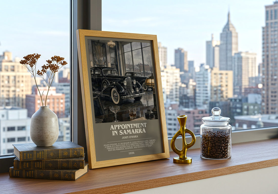 Appointment in Samarra Bookish Wall Art by John O'Hara – framed print on a city-view windowsill