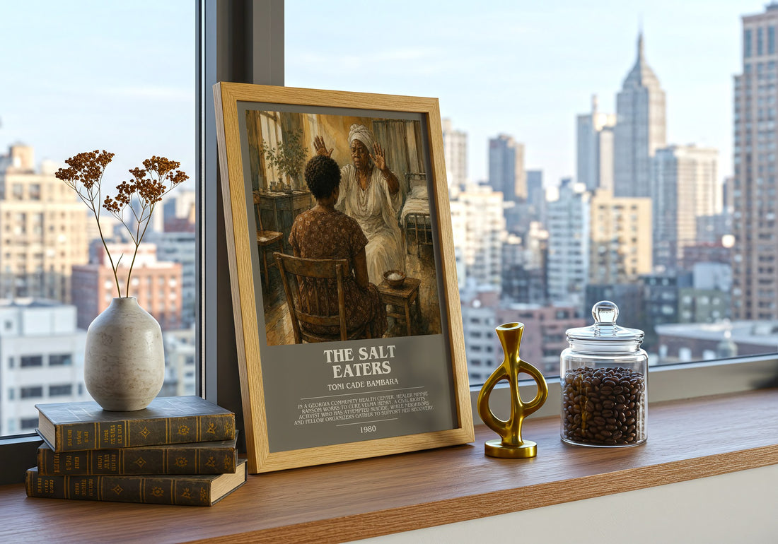 The Salt Eaters Bookish Wall Art by Toni Cade Bambara – framed print on a city-view windowsill