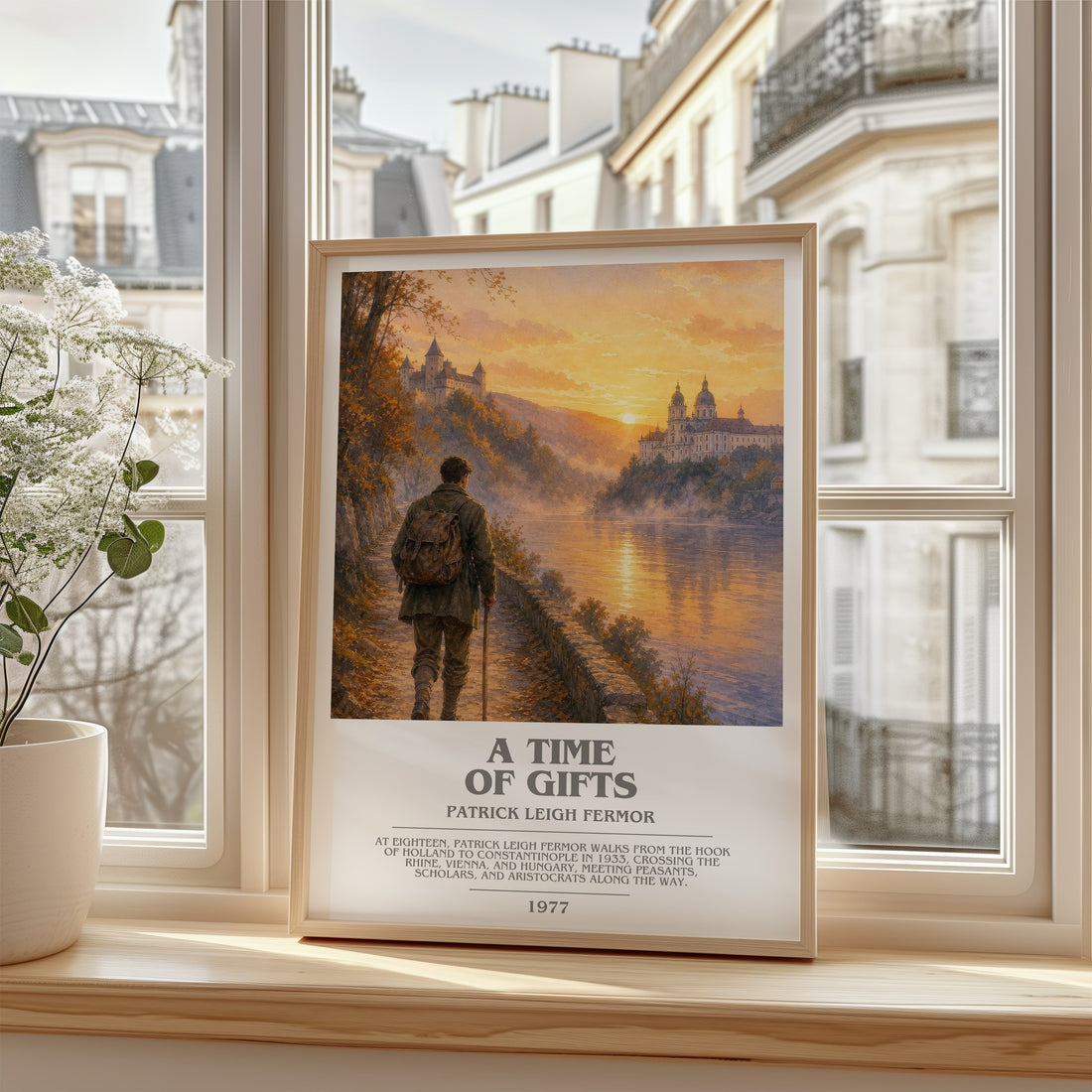 A Time Of Gifts Bookish Wall Art by Patrick Leigh Fermor – framed print by a bright window