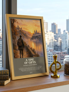 A Time Of Gifts Bookish Wall Art by Patrick Leigh Fermor – framed print on a city-view windowsill