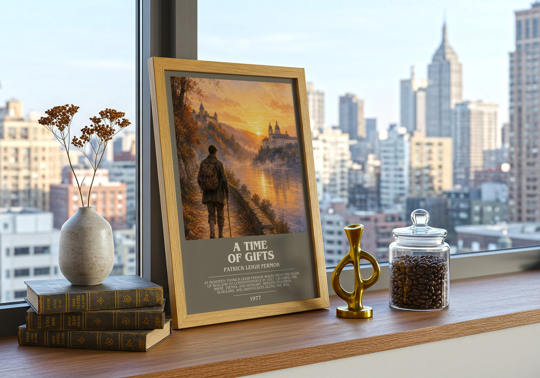 A Time Of Gifts Bookish Wall Art by Patrick Leigh Fermor – framed print on a city-view windowsill