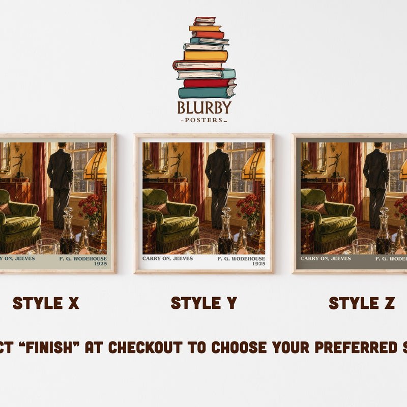 Carry On, Jeeves literary print in frame leaning in hallway – classic literature wall art