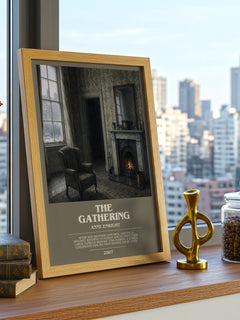 The Gathering Bookish Wall Art by Anne Enright – framed print on a city-view windowsill