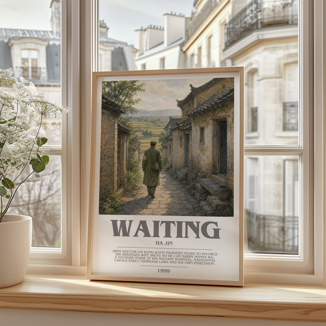 Waiting Bookish Wall Art by Ha Jin – framed print by a bright window