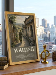 Waiting Bookish Wall Art by Ha Jin – framed print on a city-view windowsill