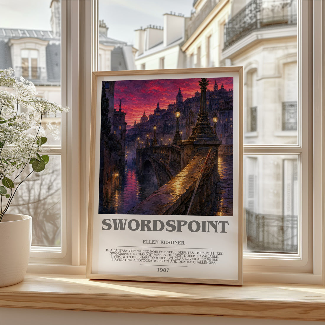 Swordspoint Bookish Wall Art by Ellen Kushner – framed print by a bright window