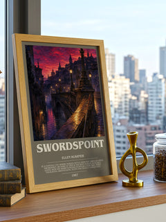 Swordspoint Bookish Wall Art by Ellen Kushner – framed print on a city-view windowsill
