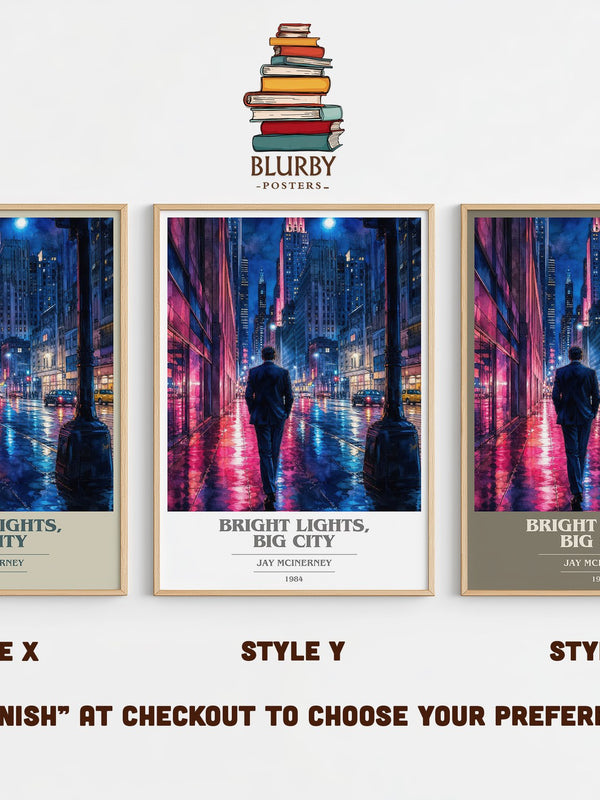 Bright Lights, Big City book cover print in frame leaning in hallway – contemporary fiction wall art
