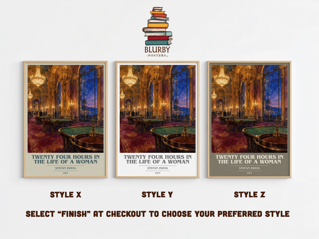 Twenty Four Hours In The Life Of A Woman book cover print in frame leaning in hallway – literary fiction wall art (mockup)
