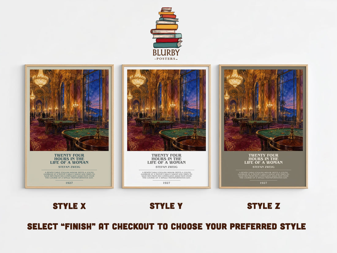 Twenty Four Hours In The Life Of A Woman Bookish Wall Art by S. Zweig – Style X, Y and Z side by side – choose your finish
