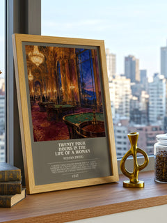 Twenty Four Hours In The Life Of A Woman Bookish Wall Art by S. Zweig – framed print on a city-view windowsill