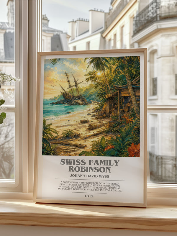 Swiss Family Robinson Bookish Wall Art by Johann David Wyss – framed print by a bright window